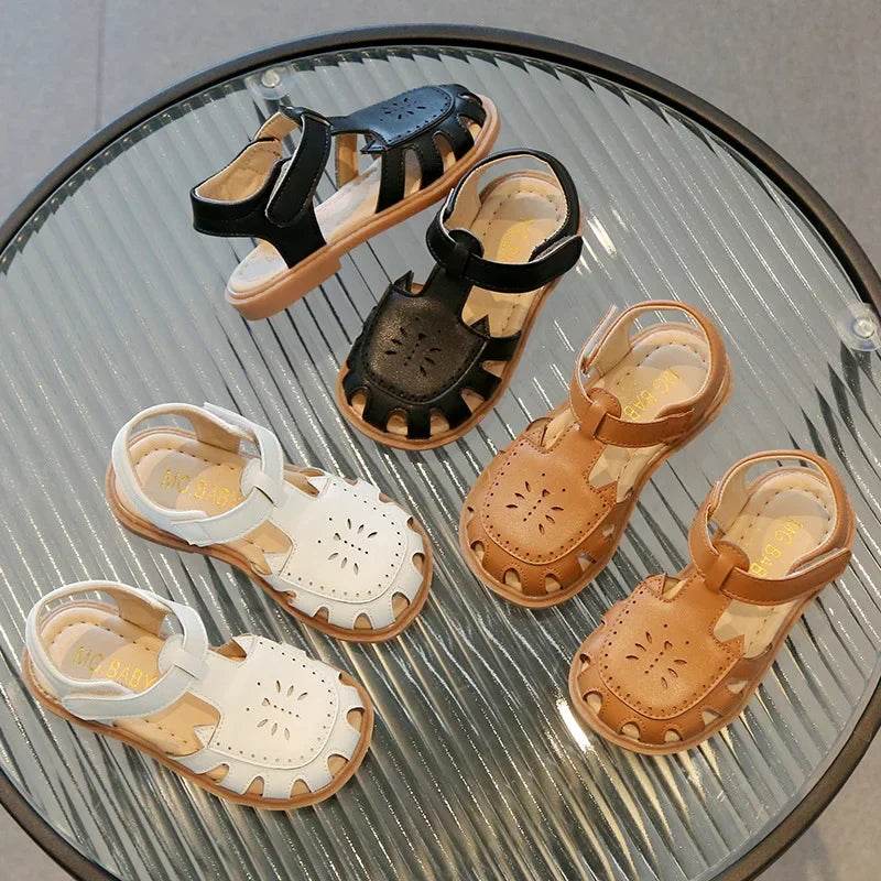 New Kids Sandals Girls Black Beige Brown Hollow Out Shoes for Children Summer Closed Toe Lolita Student Beach Shoes Child H01195 - Touchy Style