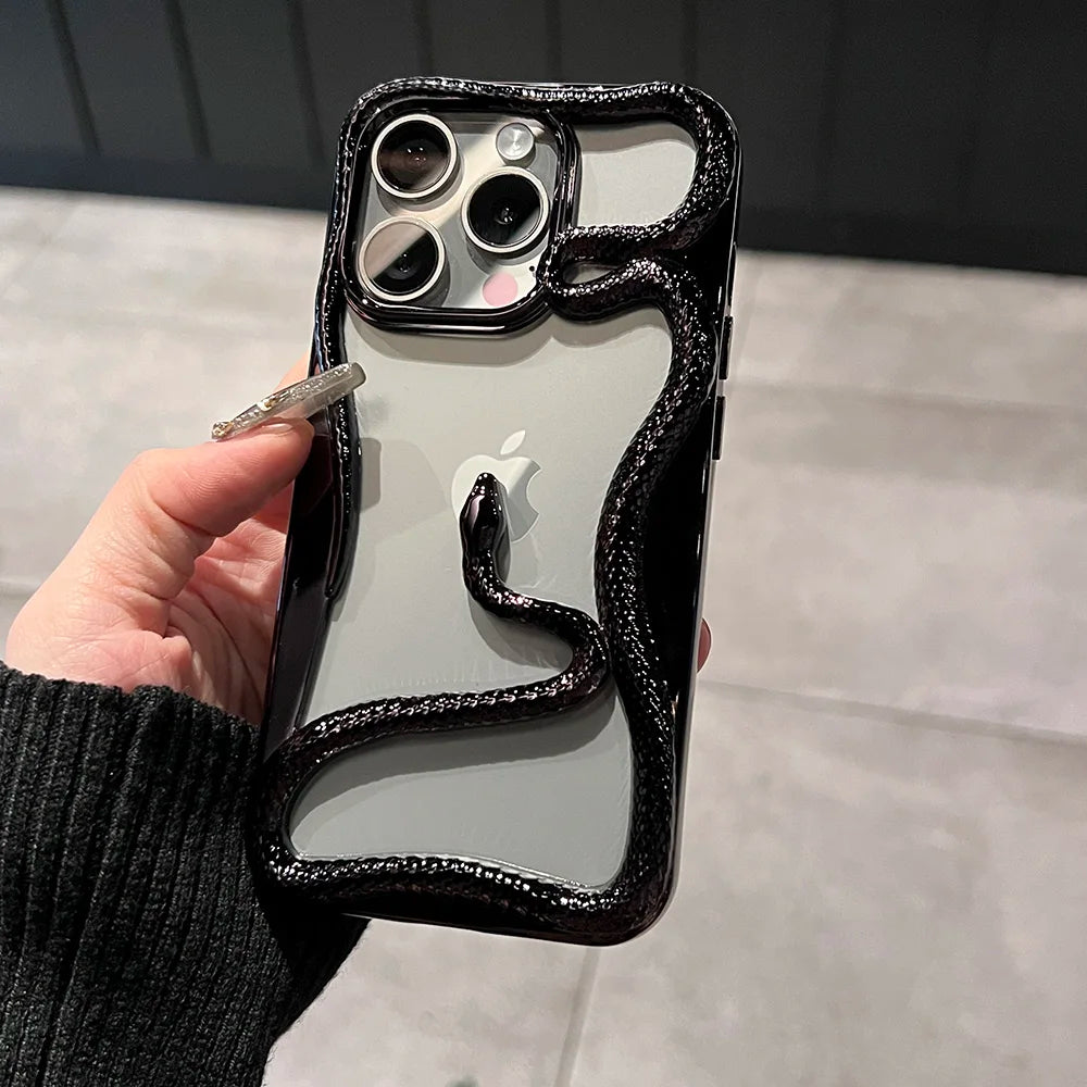Luxury Plating 3D Snake Hollow Plain Phone Case For iPhone 16 15 14 13 12 11 Pro Max INS Fashion Creativity Shockproof Cover