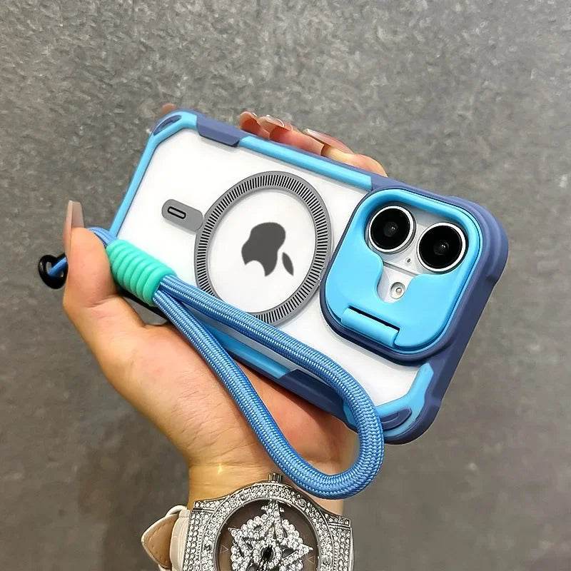 Lens Protection Bracket Magnetic Armor Case for iPhone 16 12 13 14 15 Pro Max Plus 11 Magsafe Charge With Wristband Phone Cover - Touchy Style