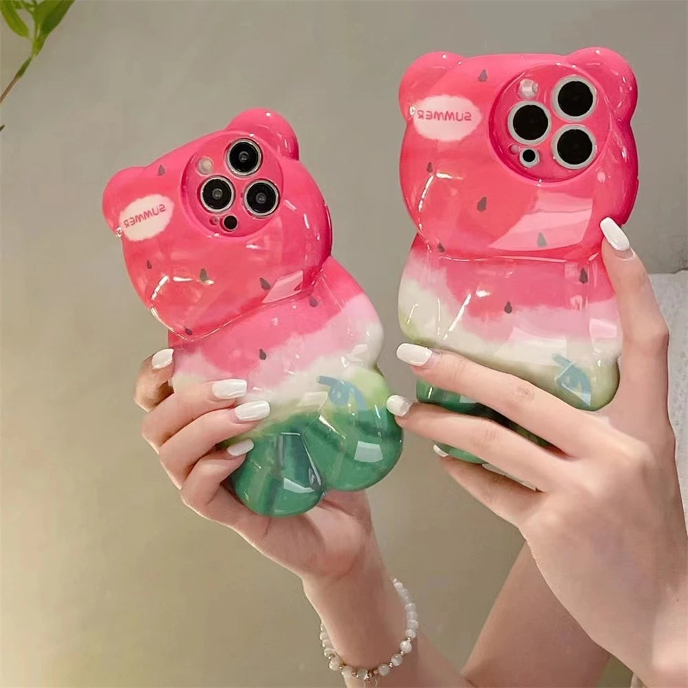 Korean cartoon 3D cute watermelon bear silicone phone case for iPhone 14 Pro Max 11 12 13 Xs Xr Xm Funny creative cartoon coverF