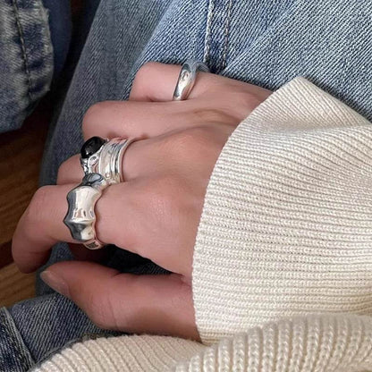 PANJBJ 925 Sterling Silver Black Agate Rings For Women Wide Irregular Geometry Versatile Texture Jewelry Party Gift Dropshipping - Touchy Style