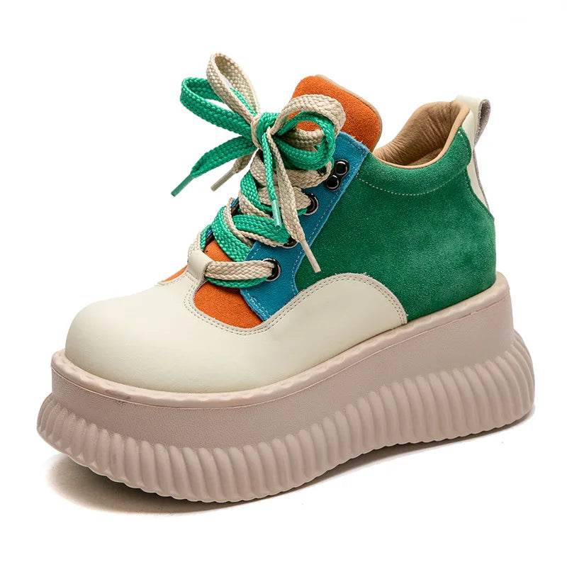 Spring New Genuine Leather Flat Platform Shoes Mixed Colors Thick Sole Shoes For Casual Sneakers Women&