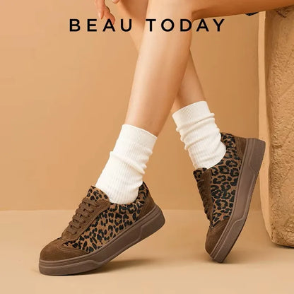 BEAUTODAY Fashion Leopard Sneakers Women Cow Suede Lace-up Round Toe Patchwork Ladies Shoes Handmade 29895