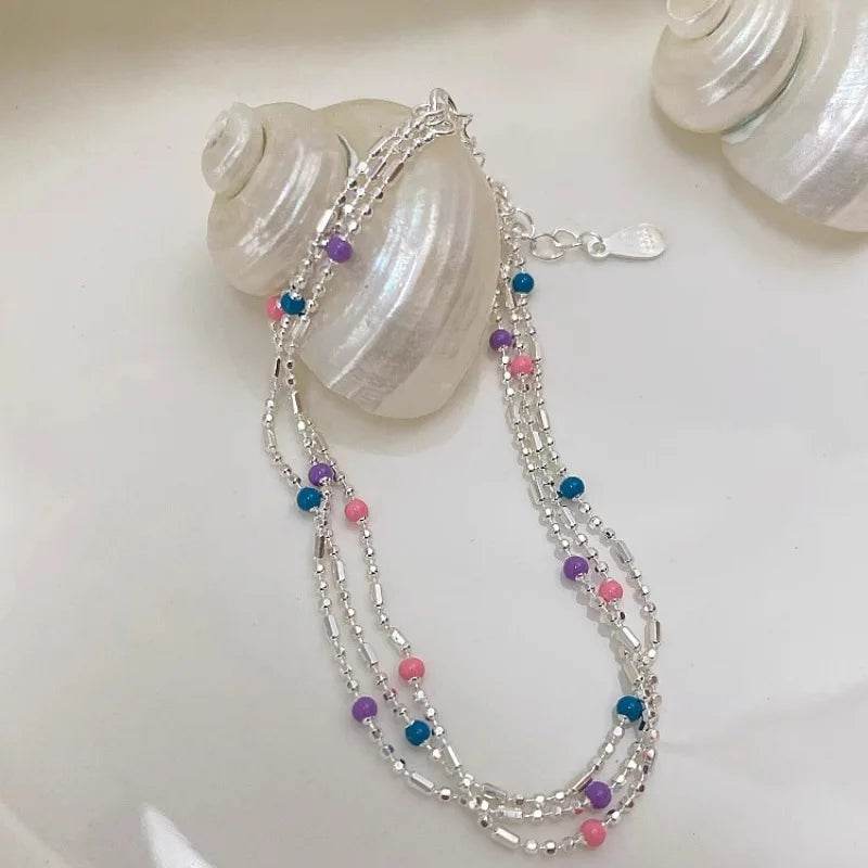 PANJBJ 925 Sterling Silver Multicolour Bead Bracelet For Women Three Layers Geometry Drip Glaze Versatile Jewelry Gift Dropship - Touchy Style