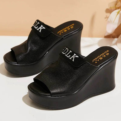 Retro Slippers Genuine Leather Shoes Handmade Slides Woman Slipper Peep Toe Platform Wedge Clogs For Women - Touchy Style