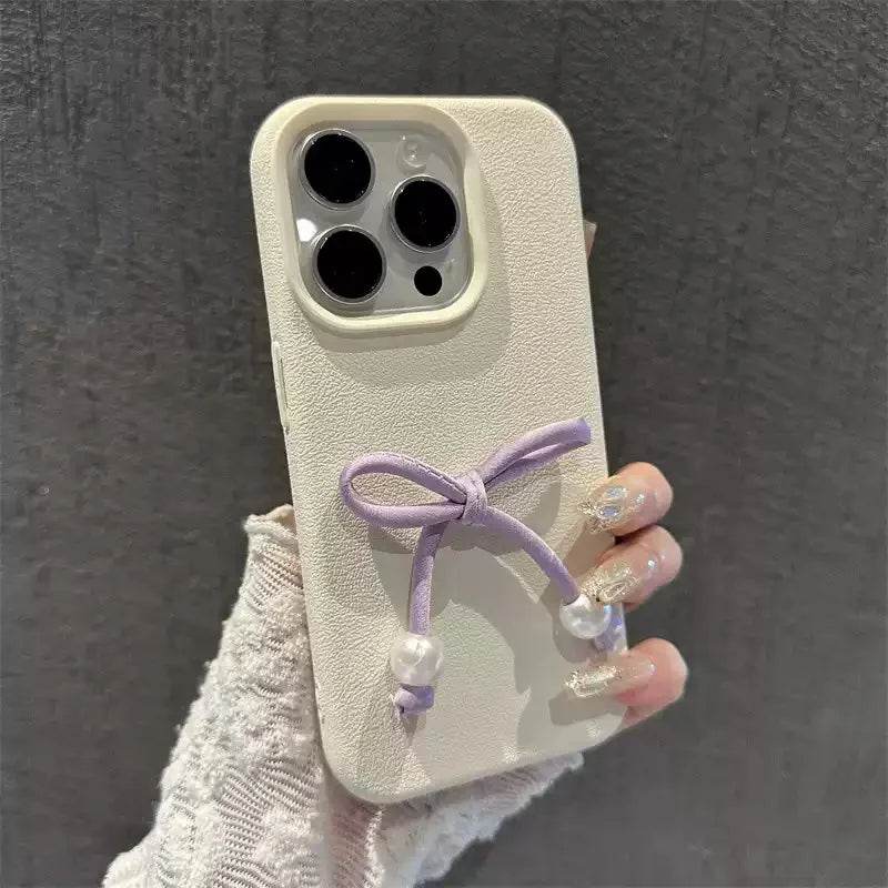 Cute Phone Cases For iPhone 16, 15, 14, 13, 12 Pro, 11 Plus, 11 Pro Max - 3D Pearl Bowknot PU Soft Cover - PC0220 - Touchy Style