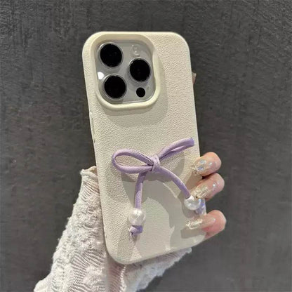 Cute Phone Cases For iPhone 16, 15, 14, 13, 12 Pro, 11 Plus, 11 Pro Max - 3D Pearl Bowknot PU Soft Cover - PC0220 - Touchy Style