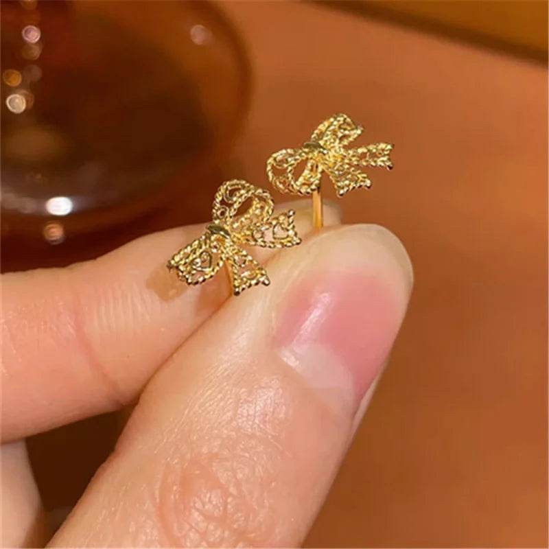 Genuine 925 Sterling Silver Plated 14K Gold Lace Bow Cute Earrings For Women Romantic Earrings Fine Hypoallergenic Jewelry - Touchy Style