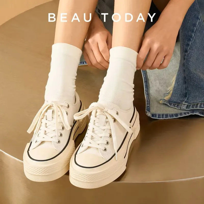 BEAUTODAY Canvas Shoes Women Split Leather Solid Color Spring Outdoors Lace-up Ladies Shoes Handmade 29248