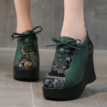 Spring Ethnic Style Women Genuine Leather Shoes Lace Up Wedges Heels Shoes Thick Sole Casual Ladies Platform Shoes - Touchy Style