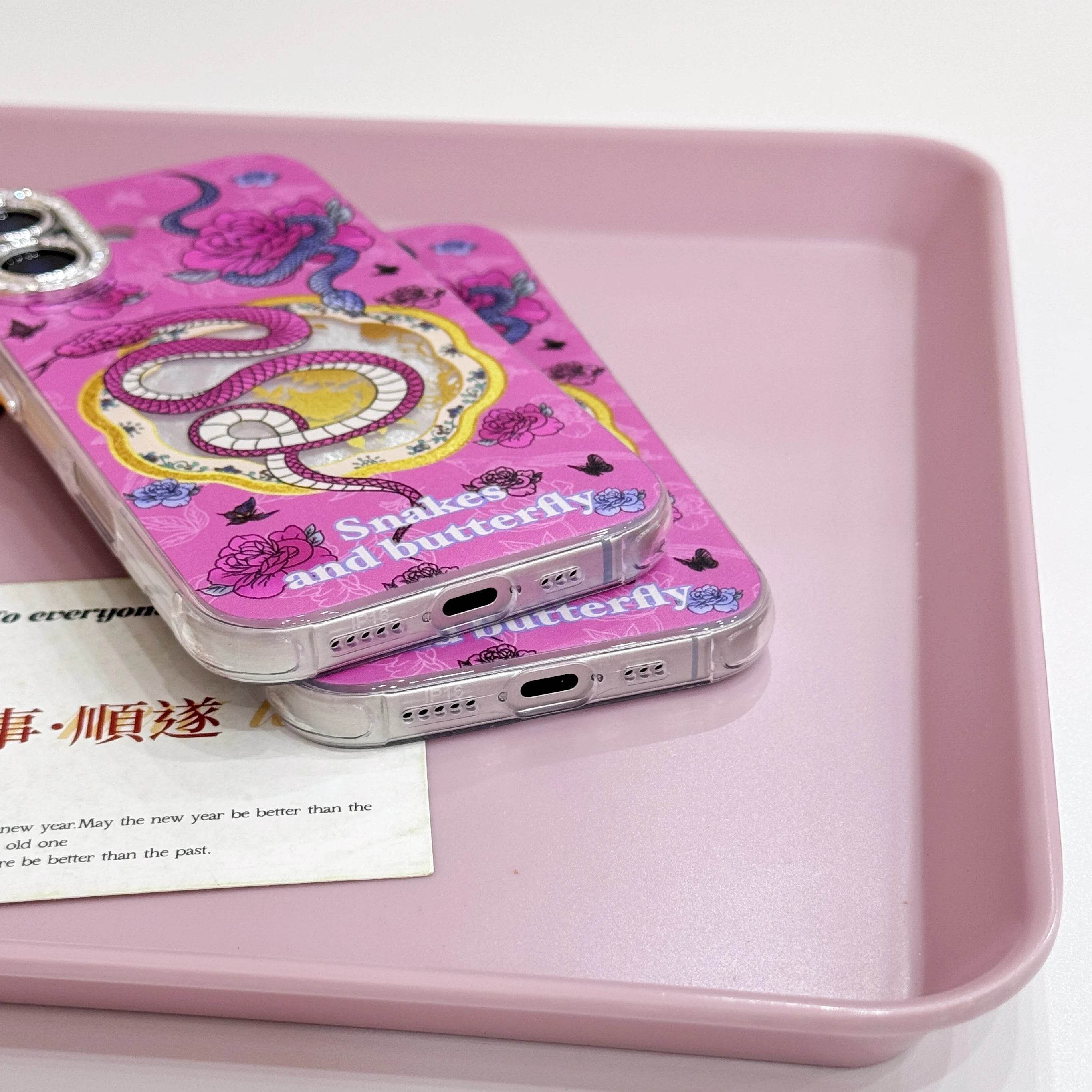 Cute Phone Cases For iPhone 16, 15, 14, 13 Pro Max - Rose Pink Snake &amp; Roses - Lens Protection Chic Back Cover - PC9140 - Touchy Style