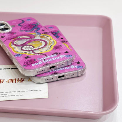 Cute Phone Cases For iPhone 16, 15, 14, 13 Pro Max - Rose Pink Snake &amp; Roses - Lens Protection Chic Back Cover - PC9140 - Touchy Style