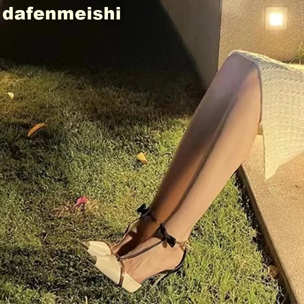 2025 Spring New Women Sandals Bow-Shaped Buckle Metal Toe T-Strap Sandals Pointed-Toe Sexy High-Heeled Shoes Party Banquet Shoes