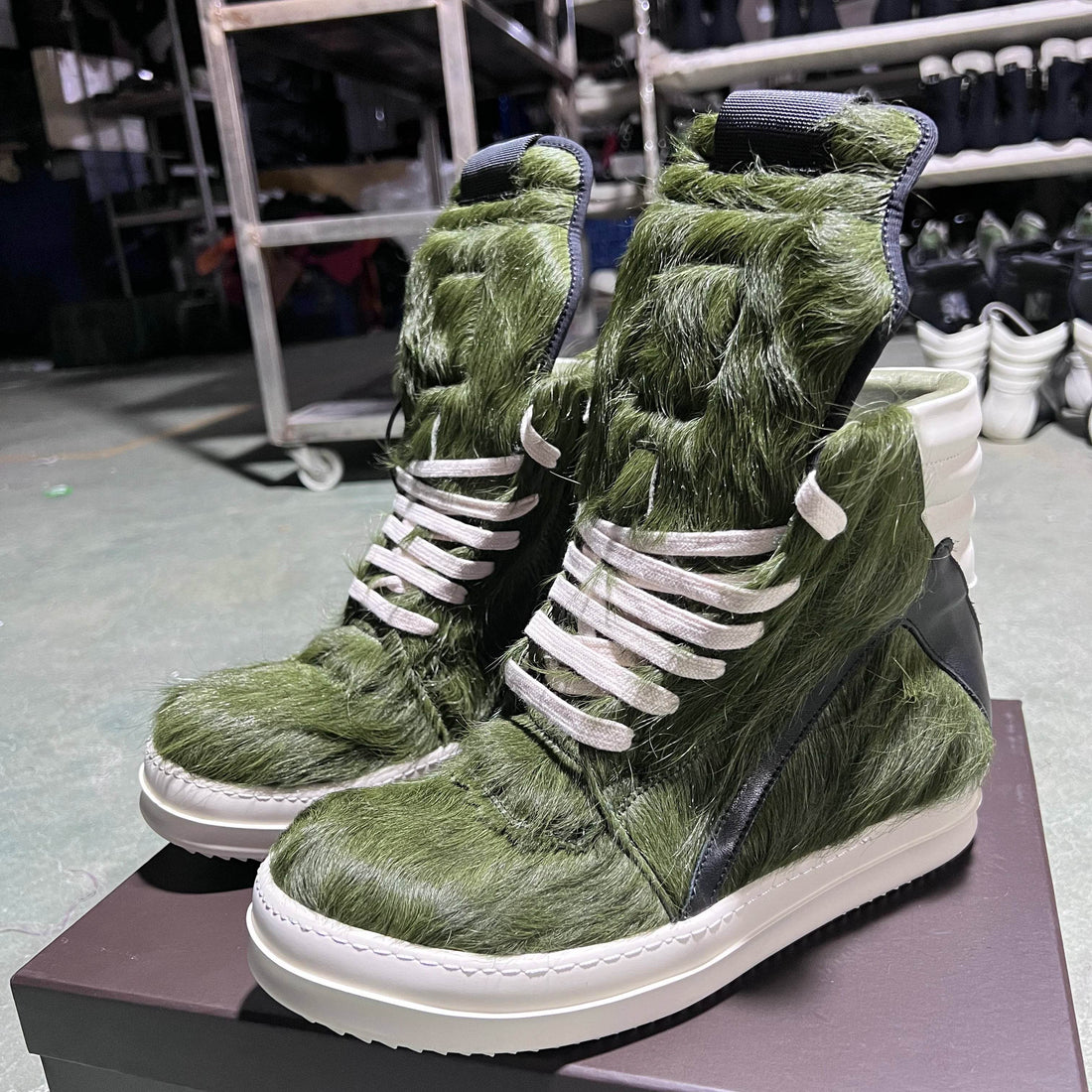 Brand Women Designer Ankle Boot Horse Fur Casual High Top Men Sneaker Leather Geobasket Army Green Zip Quality Thick-sole Shoe - Touchy Style