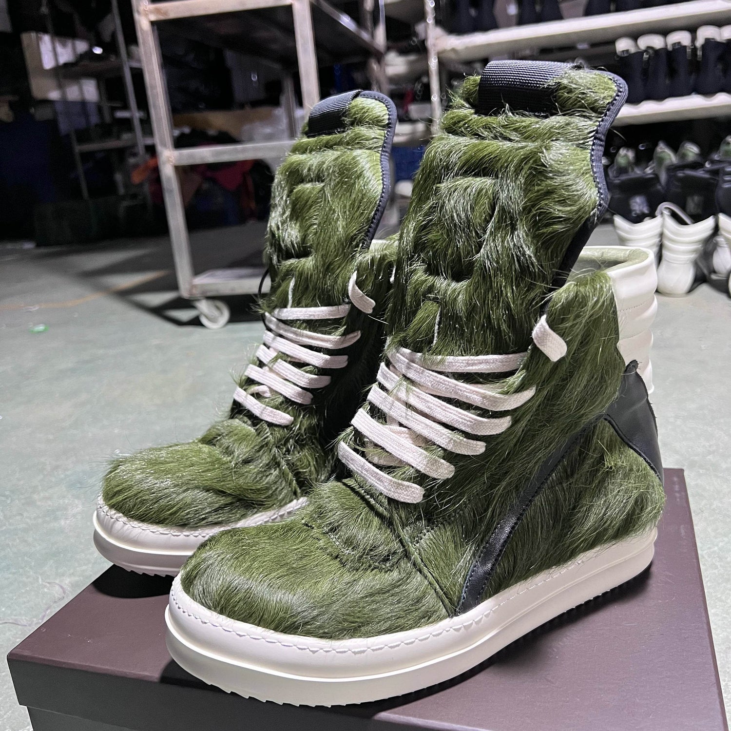 Brand Women Designer Ankle Boot Horse Fur Casual High Top Men Sneaker Leather Geobasket Army Green Zip Quality Thick-sole Shoe - Touchy Style