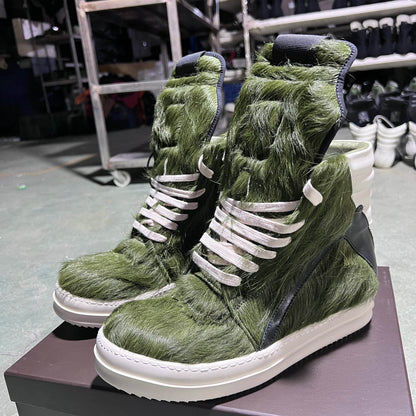 Brand Women Designer Ankle Boot Horse Fur Casual High Top Men Sneaker Leather Geobasket Army Green Zip Quality Thick-sole Shoe - Touchy Style