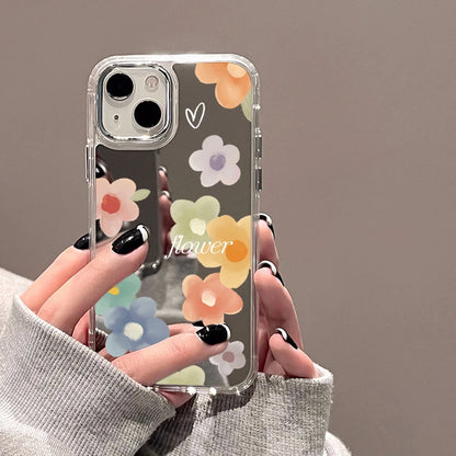 Flower Mirror Phone Case For iPhone 14 Pro Case for iPhone 13 11 12 15 16 Pro Max X XS XR Shockproof Silicone Cover Girl Shell
