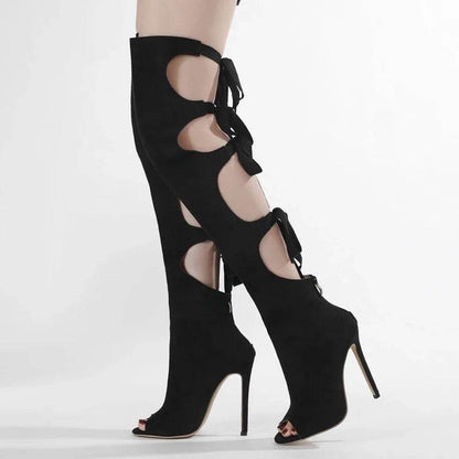Street Style Thin High Heels Women Knee-High Boots Designer Hollow Out Zipper Shoes Party Prom Zapatos De Muje - Touchy Style