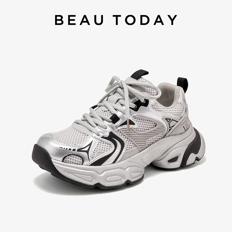 BEAUTODAY Sliver Chunky Sneakers Women Split Leather Mesh Patchwork Lace-up Closure Spring Female Leisure Shoes Handmade A29465