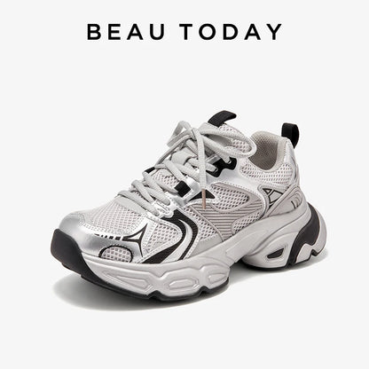 BEAUTODAY Sliver Chunky Sneakers Women Split Leather Mesh Patchwork Lace-up Closure Spring Female Leisure Shoes Handmade A29465