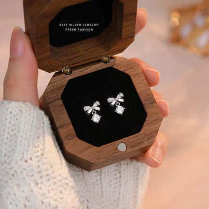 Real 925 Sterling Silver Fashion Romantic Delicate Zircon Bow Stud Earrings For Women Wedding Fine Jewelry - Touchy Style