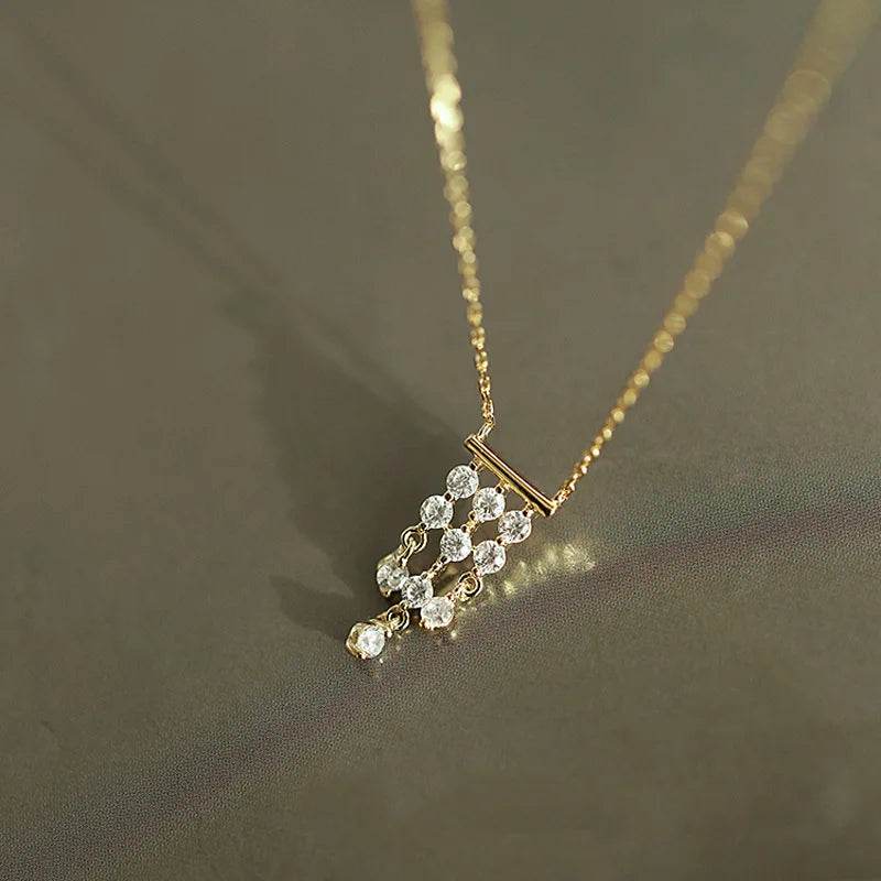 French Luxury S925 Sterling Silver Plated 14K Gold Necklace Gorgeous Vintage Tassel Zircon Pendant Necklace for Women Jewelry - Touchy Style