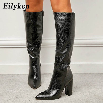 Black Serpentine Fashion Women Knee High Boots Sexy Pointed Toe Square Heels Ladies Long Boot Zipper Female Shoes - Touchy Style