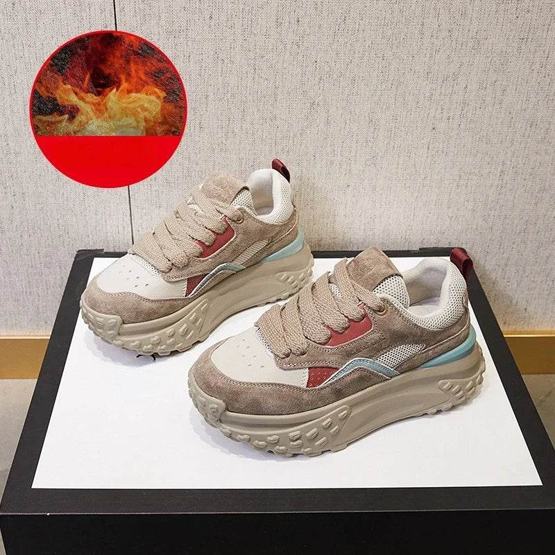 6cm Genuine Leather Platform Mesh Breathable Sneakers Chunky Hidden Heel Mixed Color Women Autumn Spring Vulcanize Shoes - Touchy Style