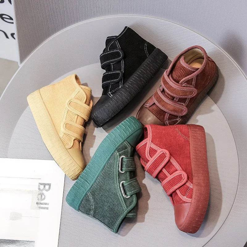 2024 Fashion Hook&amp;Loop Soft Corduroy Kids Sneakers School Casual All-match Children Girl Shoes High Top Autumn Boys Boots E08051 - Touchy Style