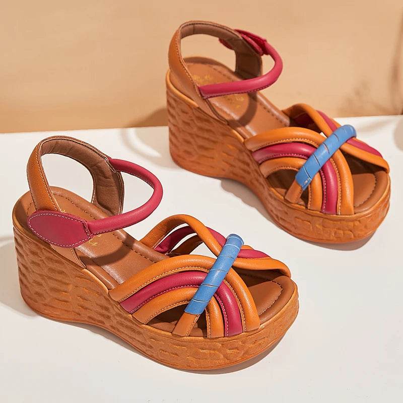Women Sandals Genuine Leather New Summer Women Shoes hook &amp; loop Retro Wedges Casual Platform Ladies Sandals