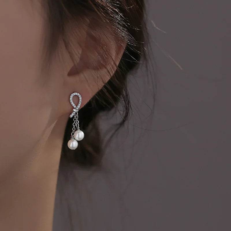 925 Sterling Silver Earring Charm Jewelry - Pearl Tassels Chain Sweet Bow - E6420 - Touchy Style