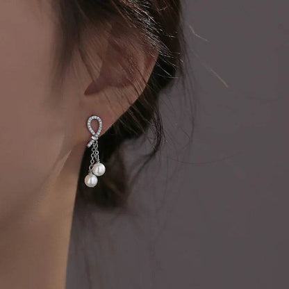 925 Sterling Silver Earring Charm Jewelry - Pearl Tassels Chain Sweet Bow - E6420 - Touchy Style