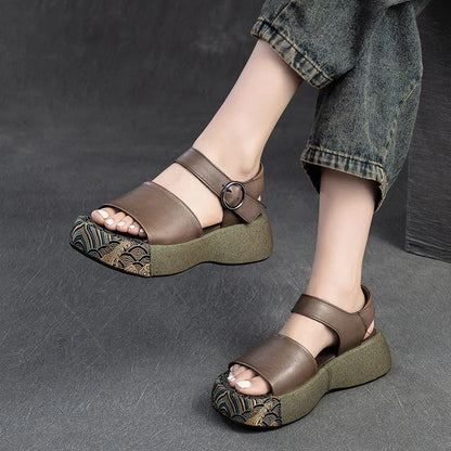 Summer New Thick Sole Peep Toe Sandals Genuine Leather Chinese Style Retro Versatile Women&