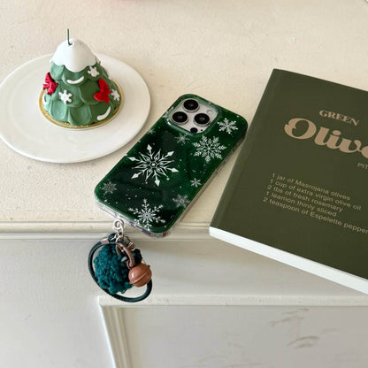 Cute Phone Cases For iPhone 16, 15, 14, 13 Pro Max - Vintage Glittering Green Snowflakes - Fluffy Dangle Chic Back Cover - PC9430 - Touchy Style