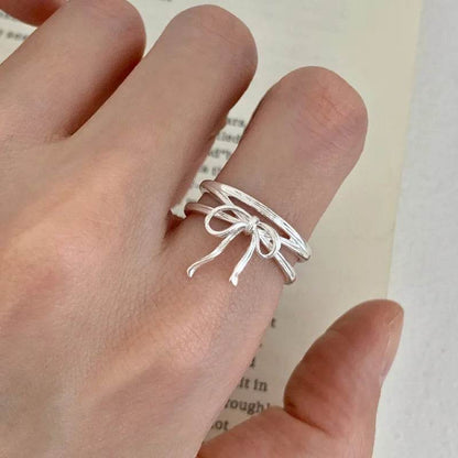 Finger Ring Charm Jewelry - Silver Color Bowknot - Double Layer Hollowing Out - R1420 - Touchy Style