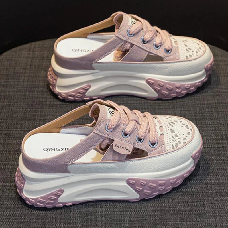 Genuine Leather Slippers Women Hollow Mules Summer Height Increasing Breathable Casual Shoes Wedges Platform Slip On Sneakers