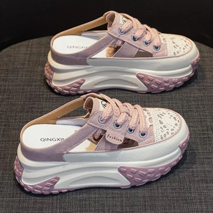 Genuine Leather Slippers Women Hollow Mules Summer Height Increasing Breathable Casual Shoes Wedges Platform Slip On Sneakers
