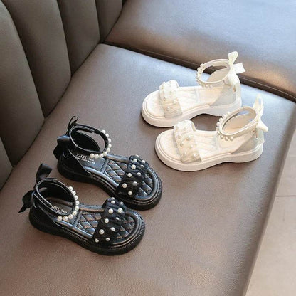 Summer Sandals for Girls 2024 New Versatile Dancing Shoes PU Leather Soft Non-slip Casual Beading Wedge Shoe for Princess H01071 - Touchy Style