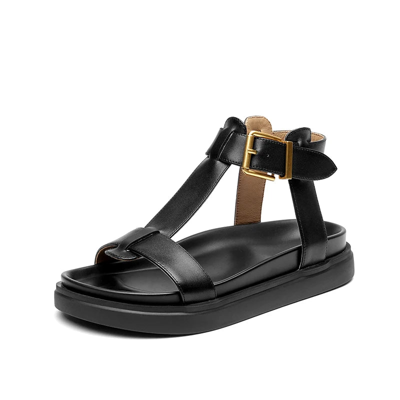 BEAUTODAY Gladiator Sandals Women Genuine Cow Leather T-Strap Platform Sandal Leisure Summer Ladies Shoes Handmade 32429