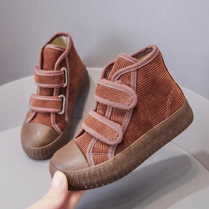 2024 Fashion Hook&amp;Loop Soft Corduroy Kids Sneakers School Casual All-match Children Girl Shoes High Top Autumn Boys Boots E08051 - Touchy Style