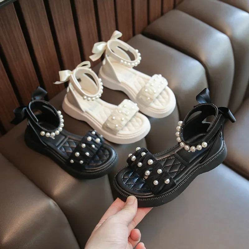 Summer Sandals for Girls 2024 New Versatile Dancing Shoes PU Leather Soft Non-slip Casual Beading Wedge Shoe for Princess H01071 - Touchy Style
