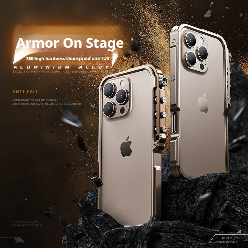 Cyberpunk Punk Mechanical Phone Frame Case For iPhone 16 15 14 13 Pro Max Plus Aluminum Alloy Metal Shockproof Bumper Cover