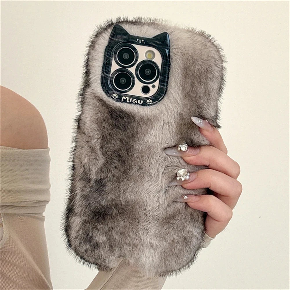 Cute Cat Fluffy Gradient Plush Phone Case For iphone 16 15 13 12 Pro Max 14 Plus 11 Girl Winter Warm Cover Cartoon Soft Shell