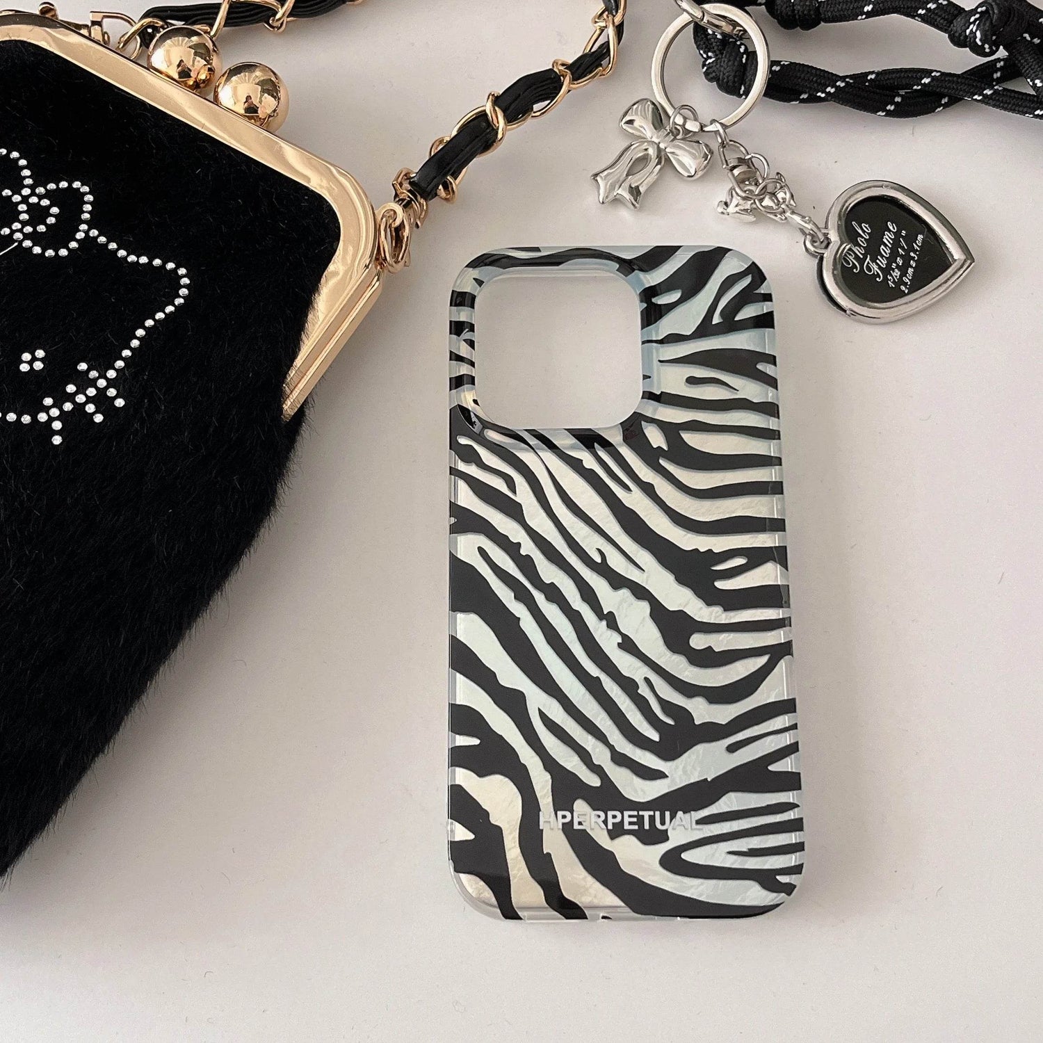 Cute Phone Cases iPhone 16, 15, 14, 13 Pro Max - Double Layers Zebra Pattern - Black Heart Wrist Chain - PC1420 - Touchy Style