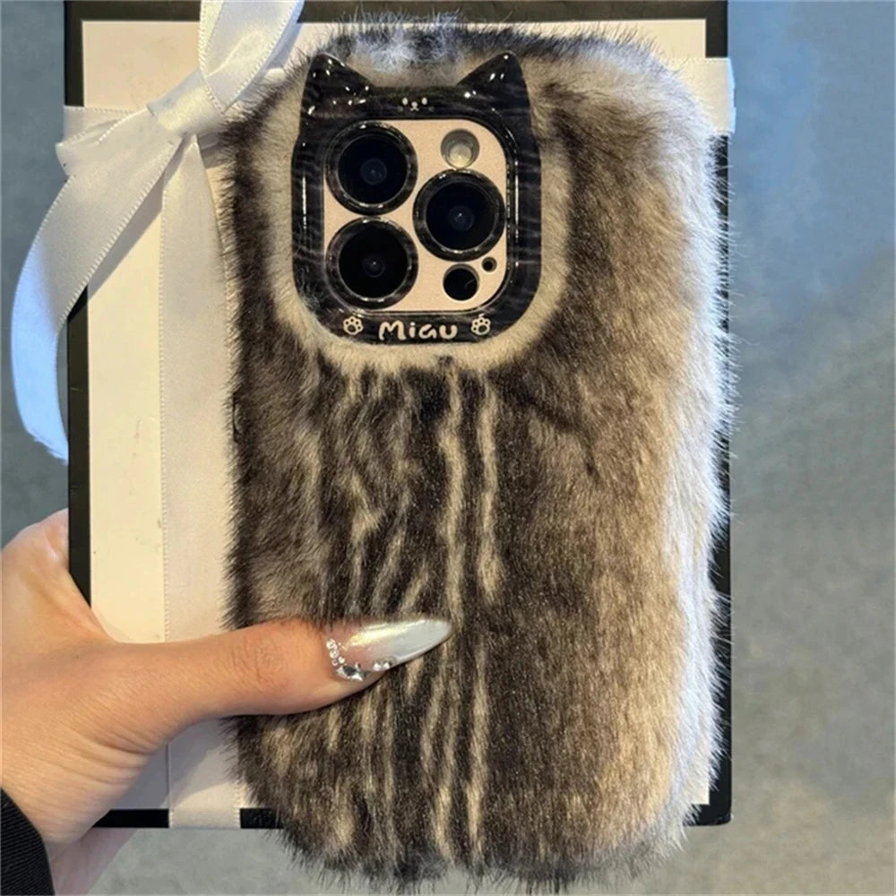 Cute Cat Fluffy Gradient Plush Phone Case For iphone 16 15 13 12 Pro Max 14 Plus 11 Girl Winter Warm Cover Cartoon Soft Shell