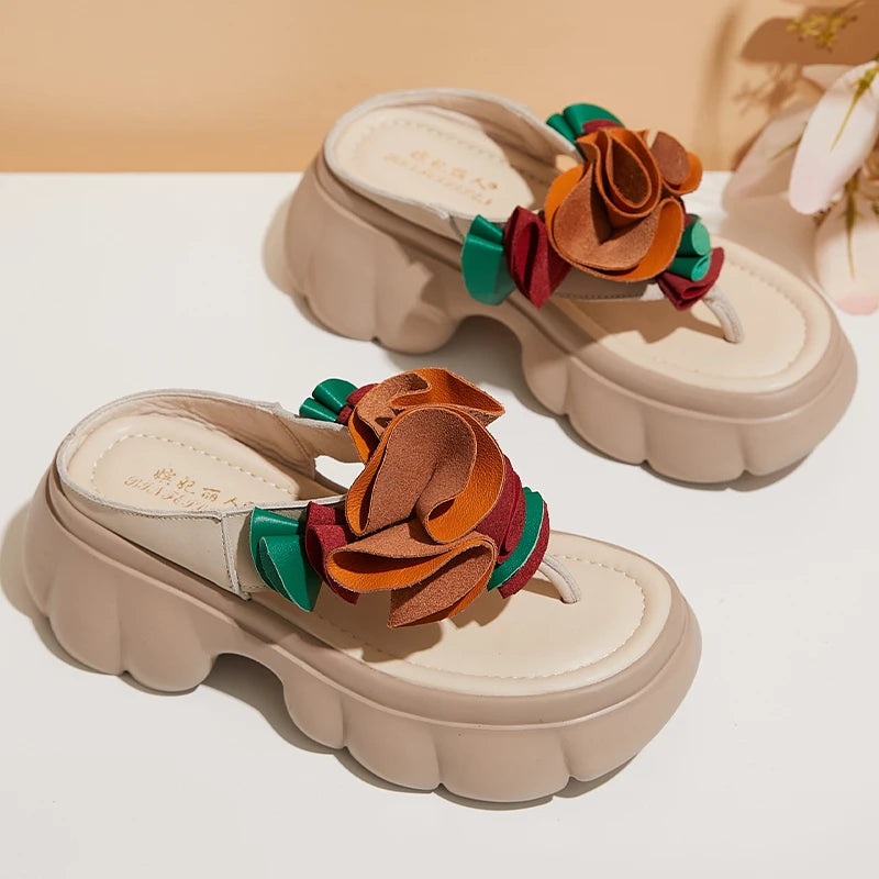 Genuine Leather Sandals Floral Women Slippers Summer Shoes Platform Outside Slides Thick Soles Leisure Ladies Slippers
