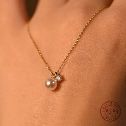 925 Sterling Silver Plating 14K Gold Shell Pearl Zircon Pendant Necklace for Women Simple French Wedding Jewelry Accessorie - Touchy Style