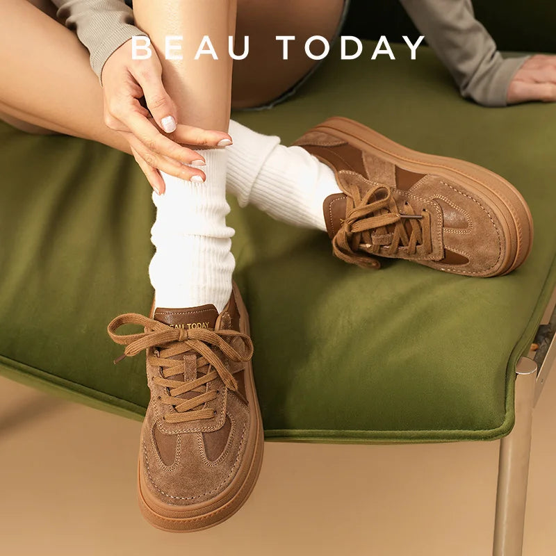 BEAUTODAY Casual Sneakers Women Cow Suede Split Leather Microfiber Patchwork Shoes Lace-up Female Traniers Handmade  29768
