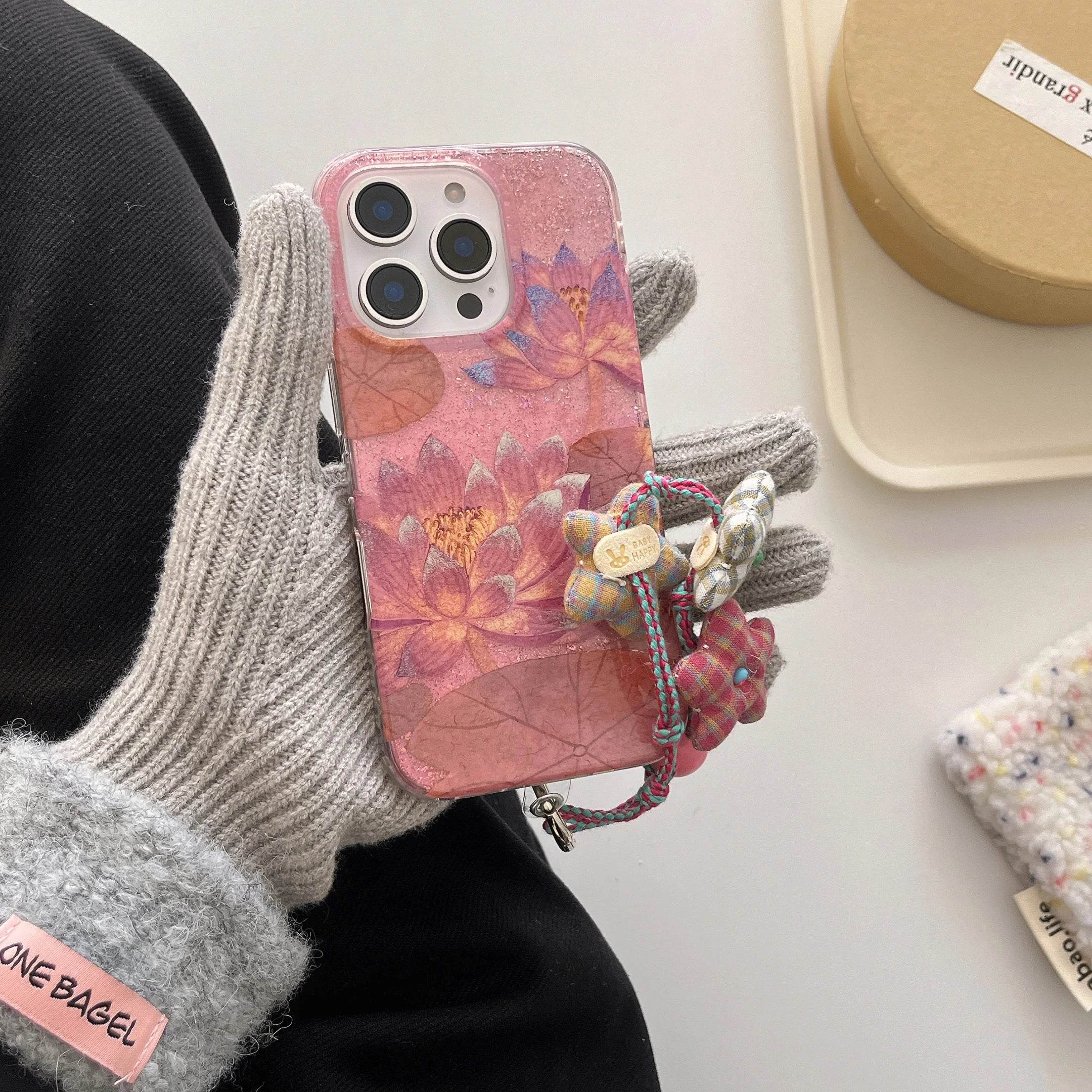 Cute Phone Cases For iPhone 16, 15, 14, 13 Pro Max - Pink Translucent Glittering Lotus Flower Back Cover with Wrist Chain - PC5430 - Touchy Style