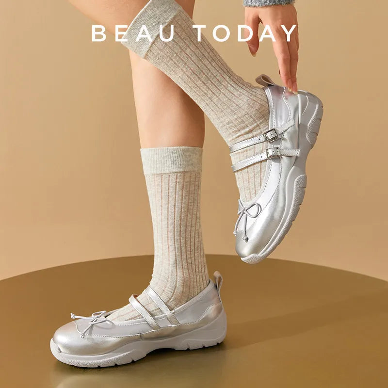 BEAUTODAAY Mary Janes Women Genuine Leather Butterfly-knot Decoration Buckle Straps Fashion Sweet Ballet Shoes Ladies 25712